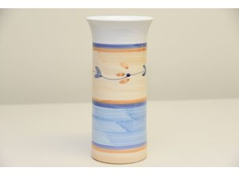 Hand Painted Orange And Blue Stripped Floral Vase