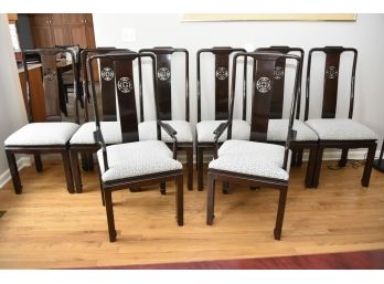 Set Of 8 Fabric Chinese Motif Dining Chairs Custom Made In Guatemala