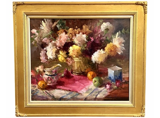 Carnations In Brass By Mary Dolph Wood, Oil On Linen