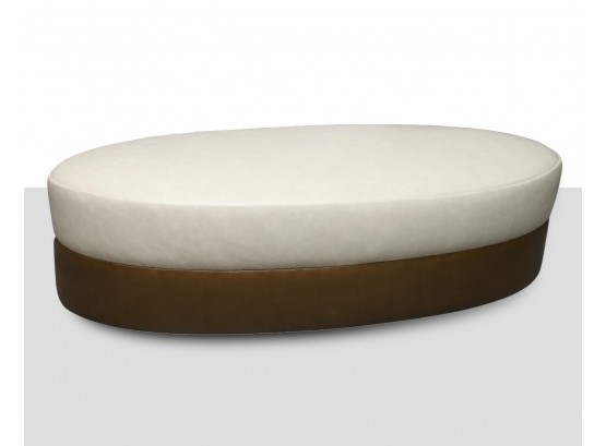 Custom Oval Ivory & Brown Leather Ottoman