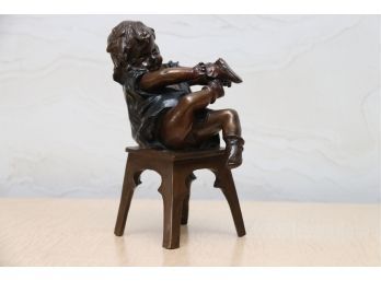 'A Girl Sitting On A Stool Tying Her Shoe' By Juan Clara Ayats Bronze Sculpture