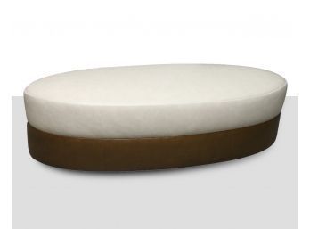 Custom Oval Ivory & Brown Leather Ottoman