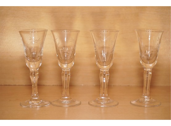 Group Of 4 Floral Etched Aperitif Wine Glasses