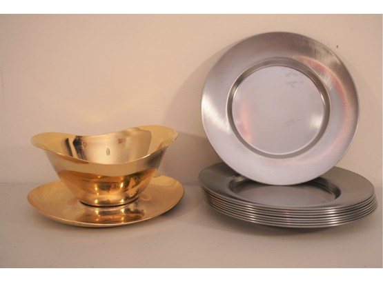 Vintage Set Of Small Stainless Steel Dishes With Gold Colored Lifetime Gravy Boat