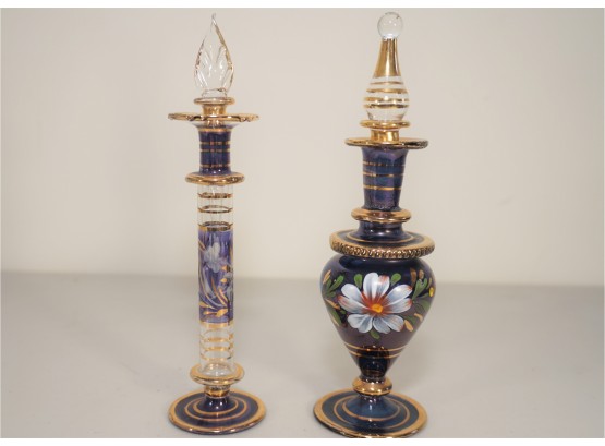 Pair Of Blue And Gold Hand Painted Floral Accent Perfume Bottles