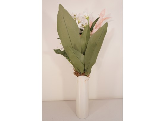 White Vase With Light Purple Finish Including Faux Flowers