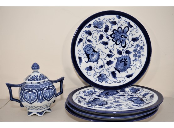 Bombay Blue Floral Accent China Set Including Sugar Bowl And Dinner Plates 5 Pieces