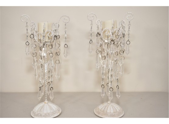 Pair Of Candle Holders With Plastic Crystal Drop Ornaments.