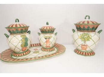 Set Of Waverly Topiary Hand Painted  Kitchen Containers And Serving Dish