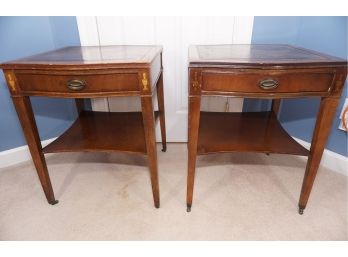 Pair Of Leather Banded Side Tables(For Restoration)
