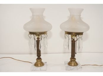 Pair Of Crystal Drop Marble Base Lamps (tested And Works) (crack In One Lamp Shade View Photos)