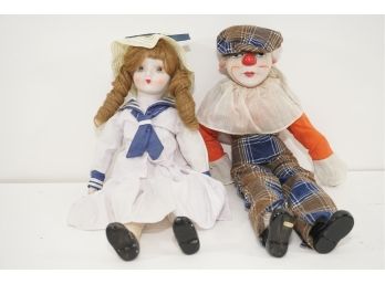 Vintage Pair Of Porcelain Dolls Including Clown And School Girl