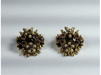 Pair Of Floral Shaped Costume Jewelry Earrings With Faux Pearls And Purple Stones