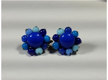 Pair Of Costume Jewelry Earrings With Blue Stone Petals