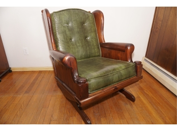 Vintage Wood Rocking Chair With Green Leather Cushions