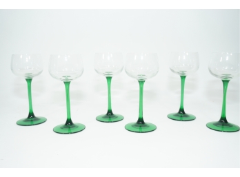 Group Of Vintage Green Stemmed Petite Wine Glasses 6 Pieces