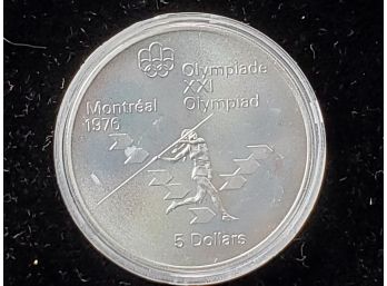 1975 Queen Elizabeth $5 Montreal Olympic Coin- Javelin