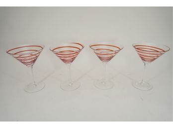 Group Of 4 Red Swirl Martini Glasses