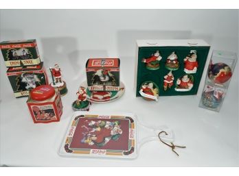 Large Lot Of Coca Cola Christmas Figurines, Collectors Plate, And Trim A Tree Collection