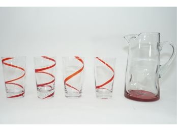 Set Of 4 Red Swirl Glasses With Pitcher