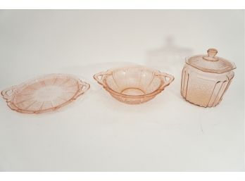 Group Of Pink Glassware Including Serving Tray, Bowl, And Lidded Jar