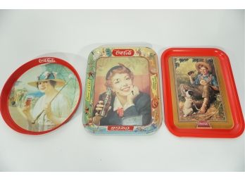 Vintage Trio Of Coca Cola Trays Including 'women At The Beach'
