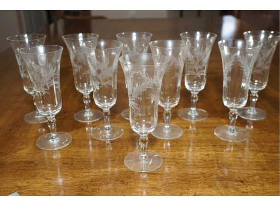 Set Of 10 Floral Etched Wine Glasses