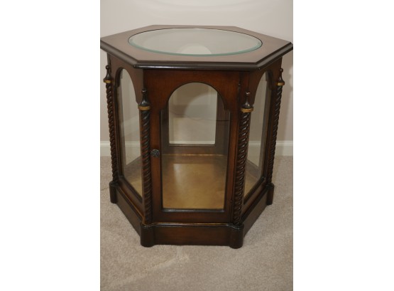 Mahogany Hexagon Glass Display Side Table With Barley Twist Accents