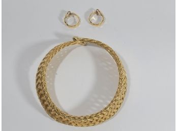 Vintage Costume Jewelry Pair Including  'gold' Woven Necklace And 'gold Earrings