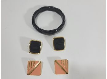 Vintage Set Of Costume Jewelry Including Black Bracelet And 2 Pairs Of Earrings
