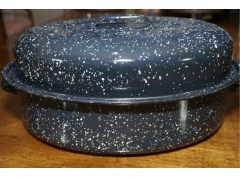 White Speckled Metal Roasting Dish With Lid