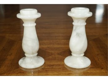 Pair Of Genuine Alabaster Hand Carved In Italy Candle Holders