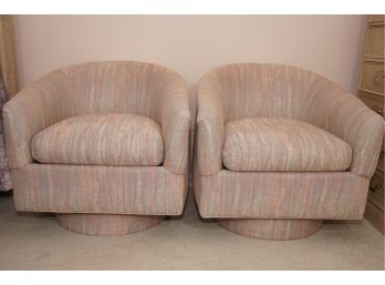 A Matching  Pair Of Royal Lounge CO. Custom Upholstered Swivel Chairs