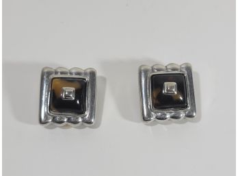 Vintage Pair Of Black And Silver Square Earrings Costume Jewelry