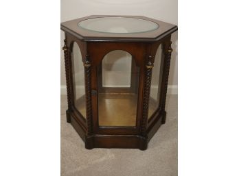 Mahogany Hexagon Glass Display Side Table With Barley Twist Accents