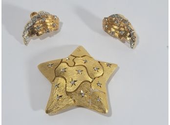 Pair Of Faux Gold And Diamond Wing Earrings And Star Pin