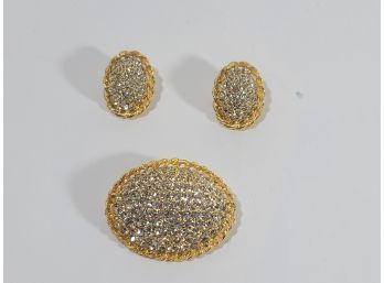 Vintage Trio Of Bellini Faux Diamond And Gold Earrings And Pin