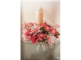 Glass Candle Holder With Faux Flowers