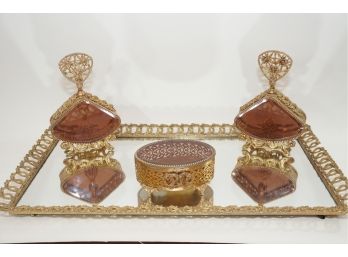 Vintage Vanity Tray With Ornate Brass Perfume Bottles And Jewelry Box