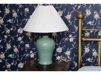 A Vintage Green Crackle Table Lamp With Shade