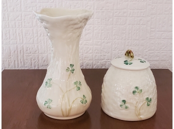A Beleck Vase And Covered Jar