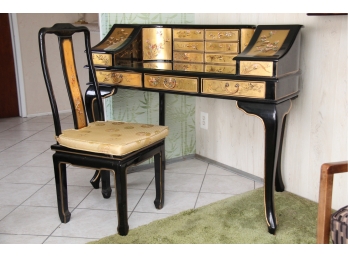 A Gold And Black Lacquer Chinoiserie Asian Desk With Matching Chair