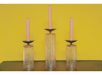 Trio Of Pink Glass Candlestick Holders