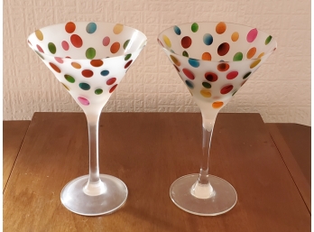 A Fun Pair Of Polka Dot Frost Glass Martini Glasses