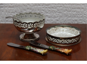 Silver Plated Serving Pieces With Decorative Butter Knives