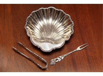 Small Sterling Silver Dish, Tongs & Cocktail Fork 117.9 Grams