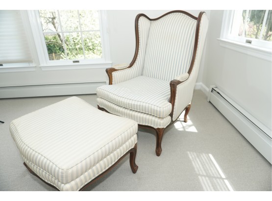 An Ethan Allen Blue Stripped Wing Back Chair With Matching Ottoman