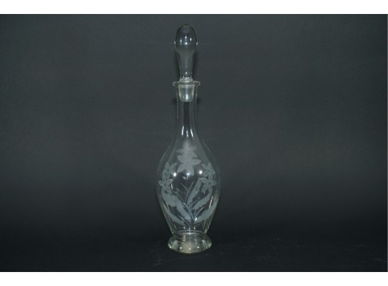 Romanian Etched Floral Lidded Decanter
