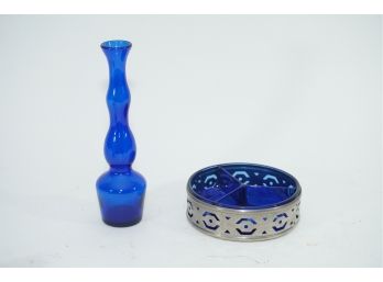 A Pair Of Blue Glass Table Accessories Including Silver-plated Wrapped Ashtray And Small Vase