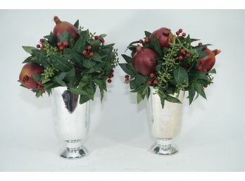 A Pair Of Silver Painted Vases With Faux Flowers